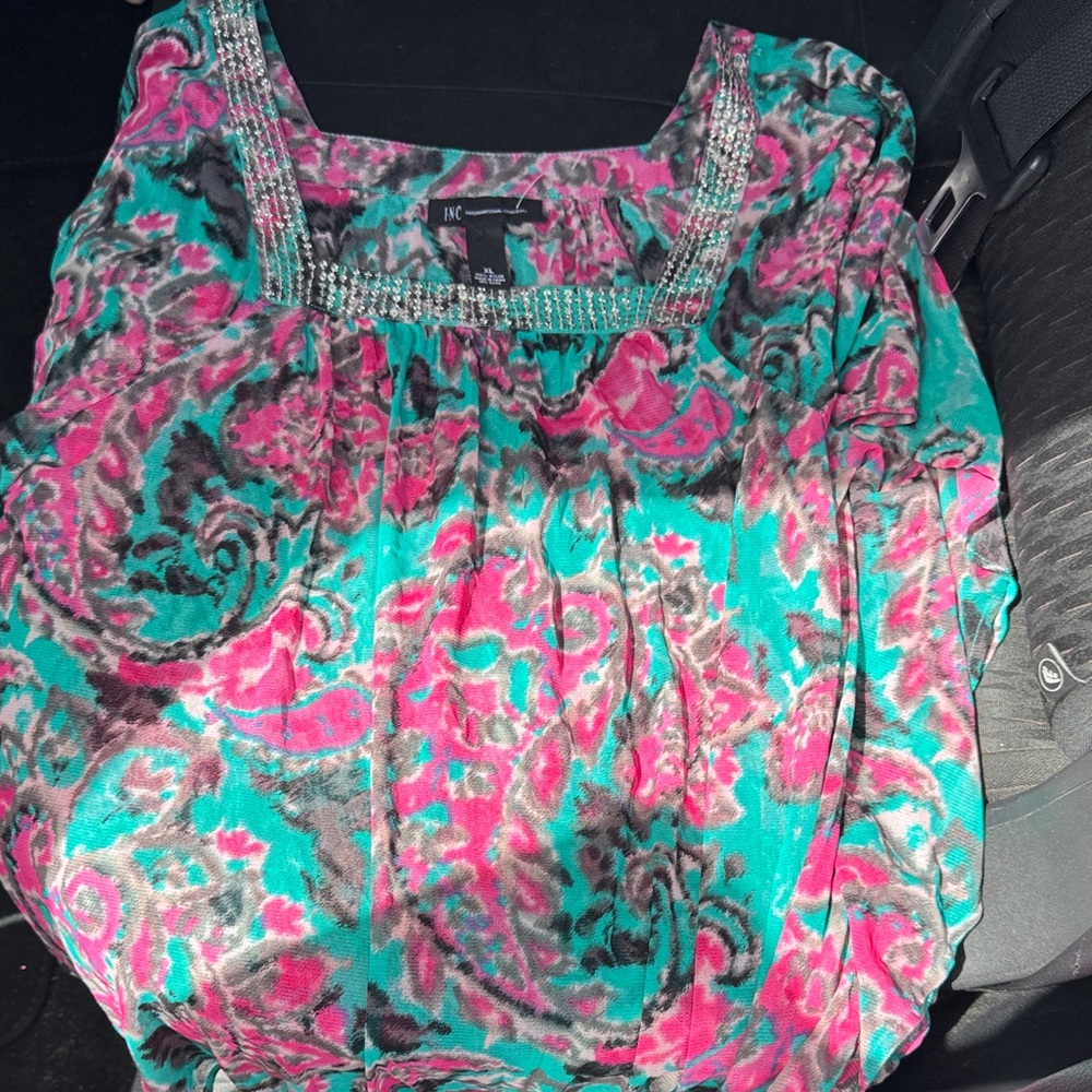 INC International Concepts Teal & Pink Printed Square Neck Blouse